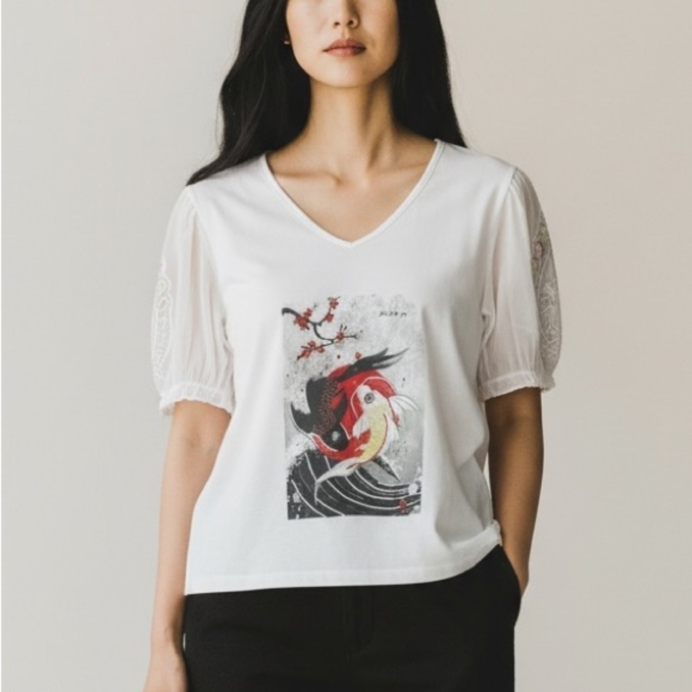 Kitsch & Pop Koi Fish Lace Sleeve Top NWT - Picture 2 of 13